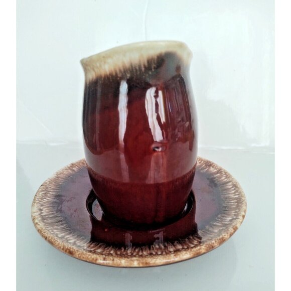 Hull Pottery USA Crestine Pottery Brown Drip Pattern Pitcher & Underplate - Picture 7 of 12